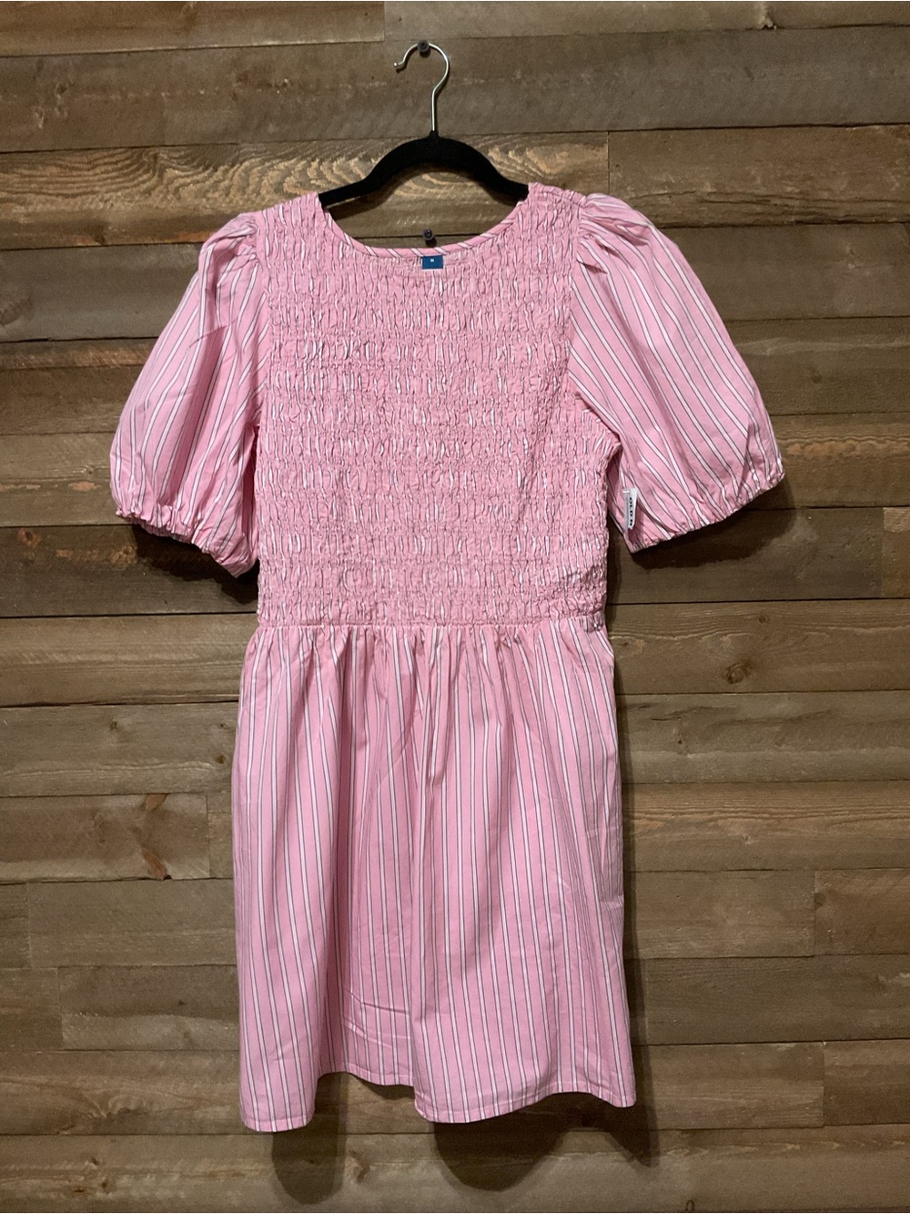 Old Navy Pink White And Navy Striped Smocked Chest Short Sleeve Dress Medium NWT